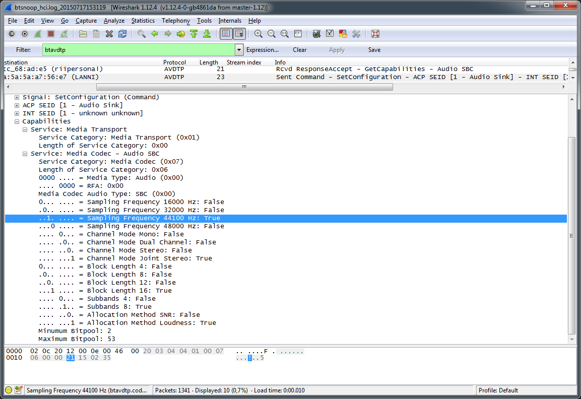 Here is another log that shows that the SBC codec is selected with the data format details